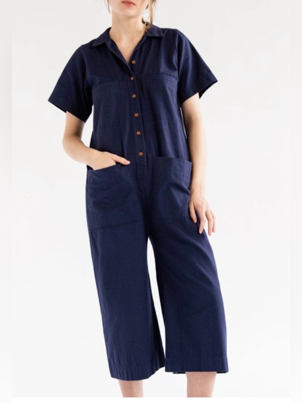 Ilana Kohn Mabel Coverall Marine Canvas Jumpsuit Button Front Utility Style (M)
